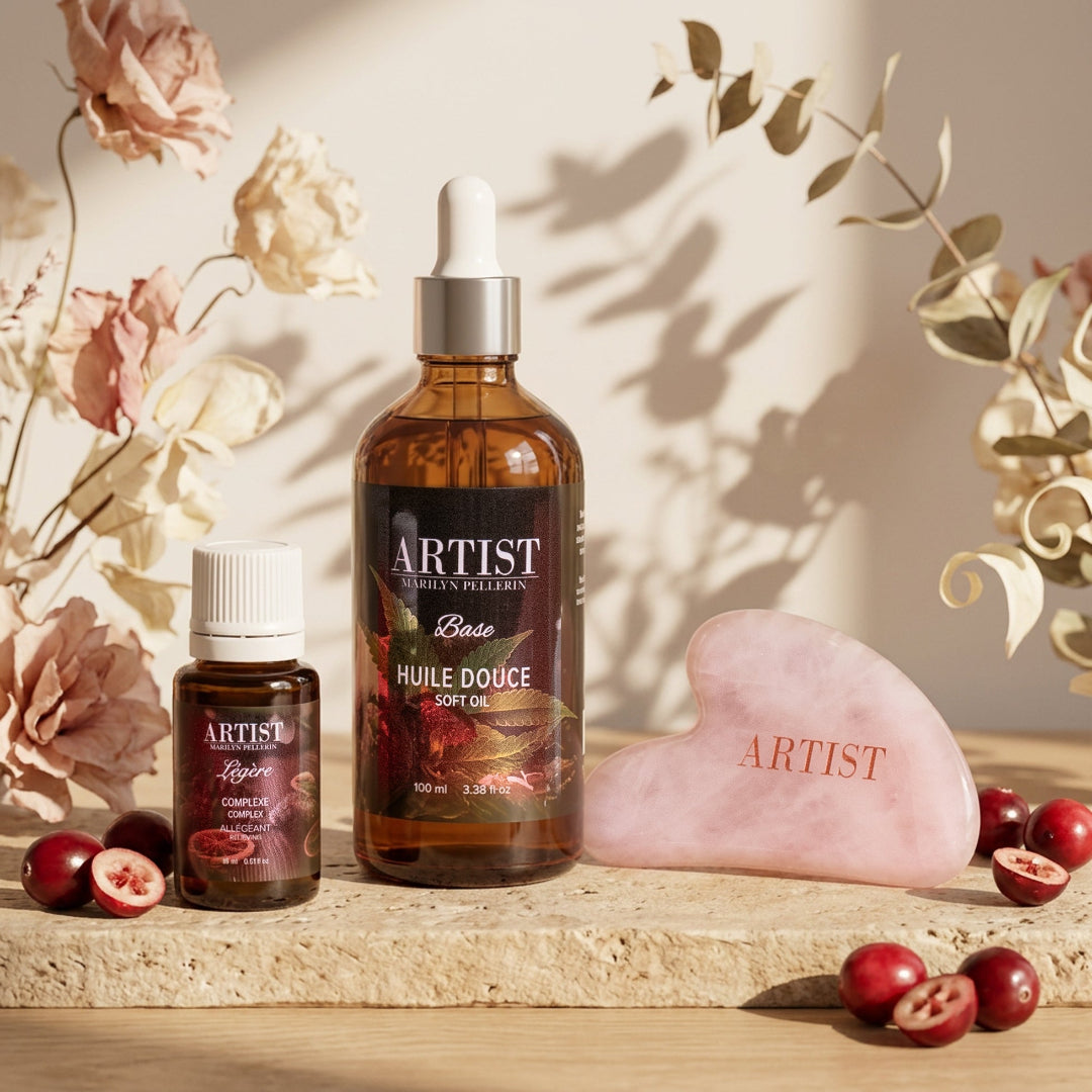 image des 3 produits de l'ensemble complexe légère, base douce et Gua Sha