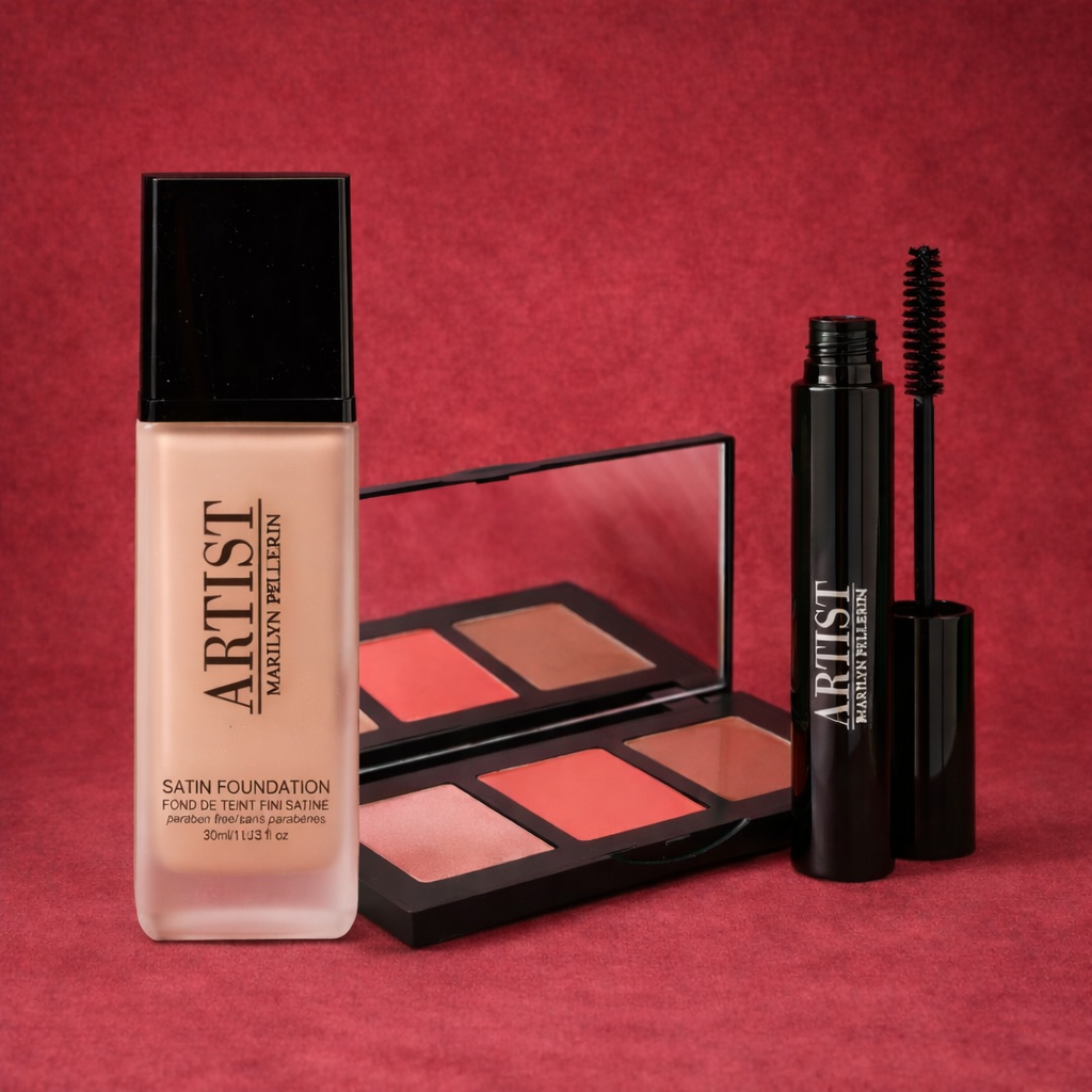 Image du fond de teint, palette trio et mascara